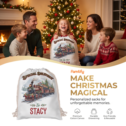 Personalized Special Delivery Train Christmas Sack, Custom Name Santa Gift Bag