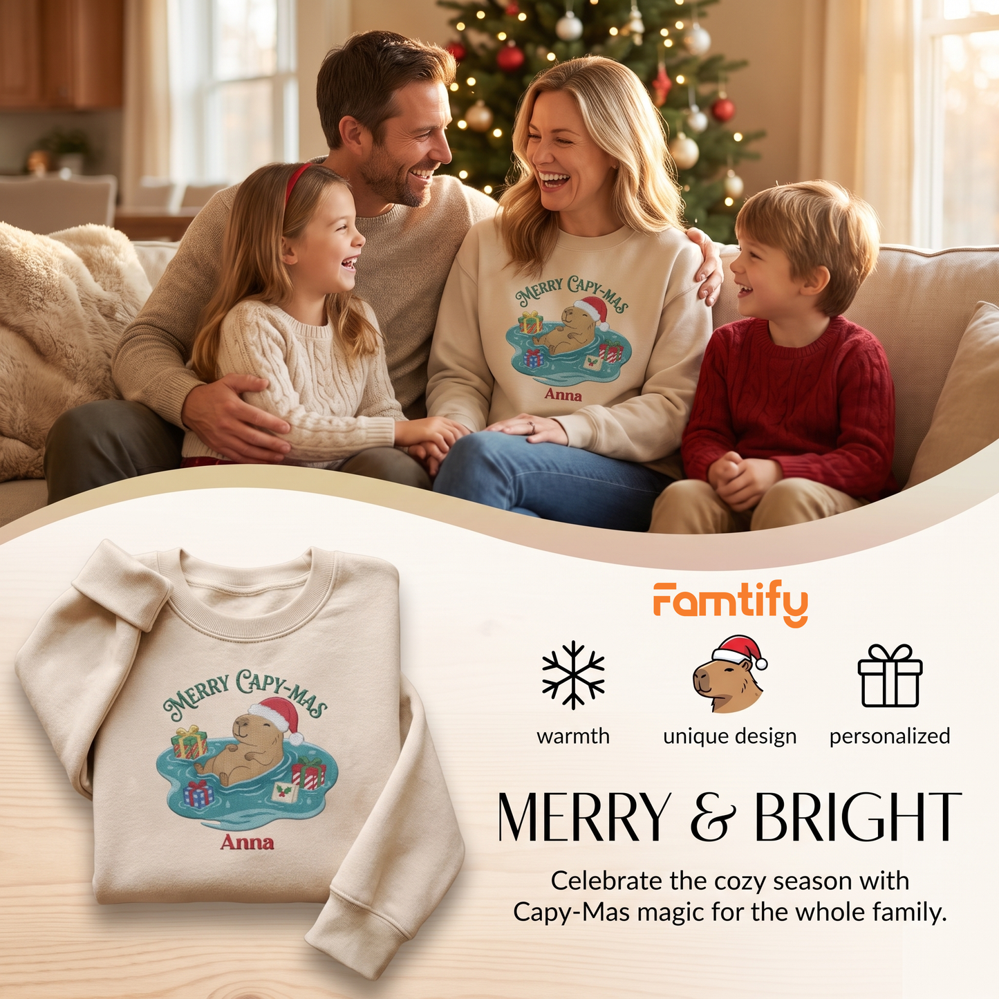 Personalized Merry Capy-Mas Embroidered Sweatshirt | Custom Name Christmas Capybara Crewneck Gift