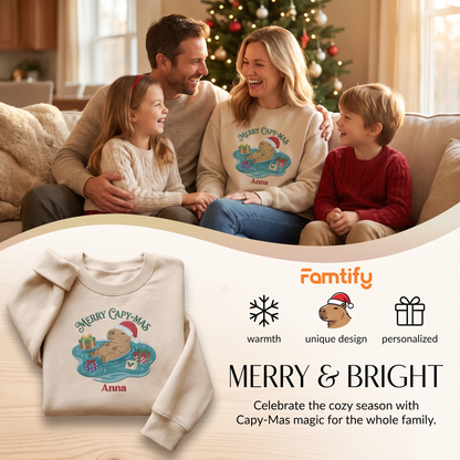 Personalized Merry Capy-Mas Embroidered Sweatshirt | Custom Name Christmas Capybara Crewneck Gift