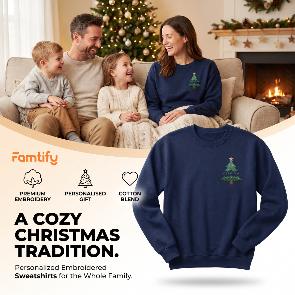A Cozy Christmas Tradition banner with the navy personalized embroidered tree sweatshirt