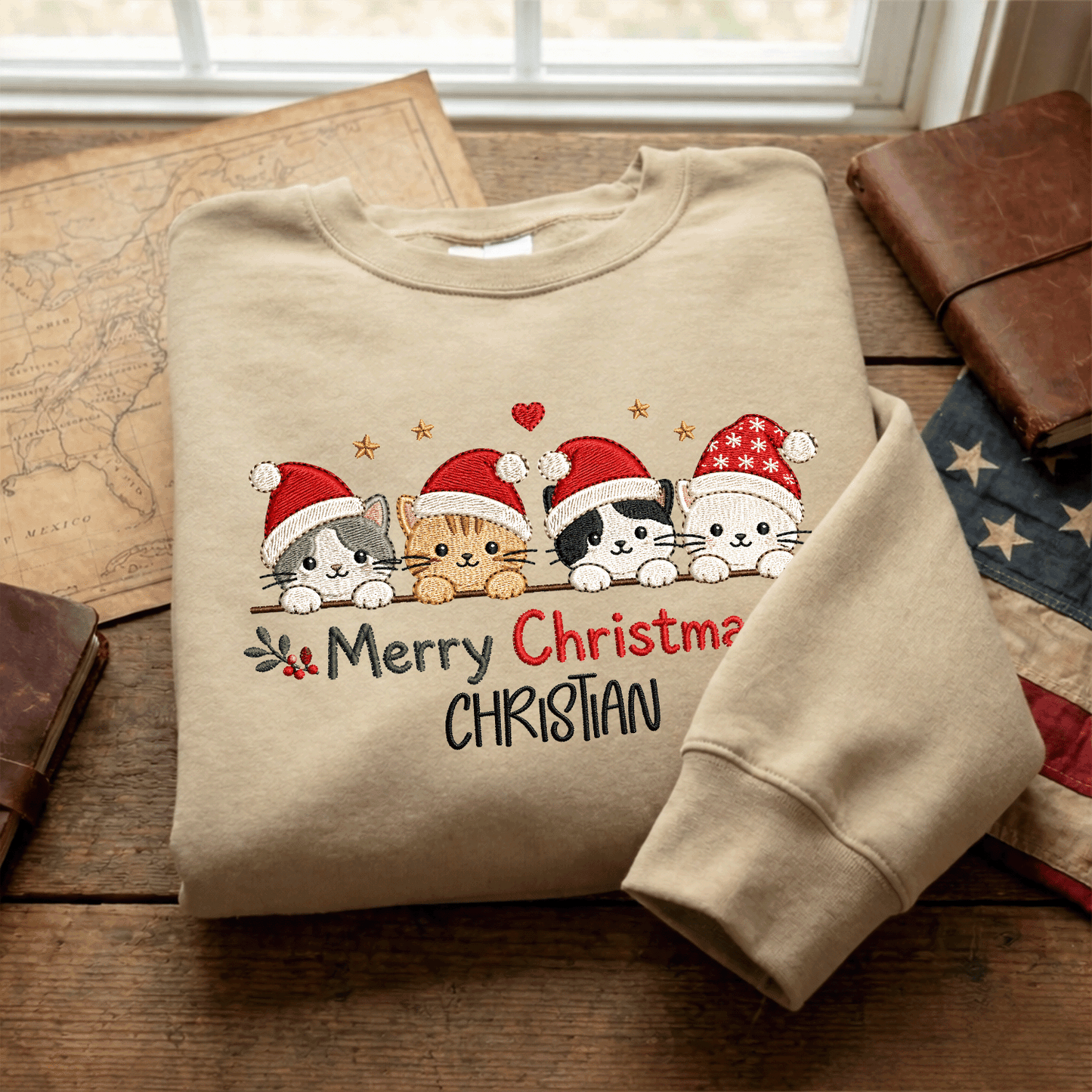 Personalized Embroidered Merry Christmas Cats Sweatshirt with Custom Name