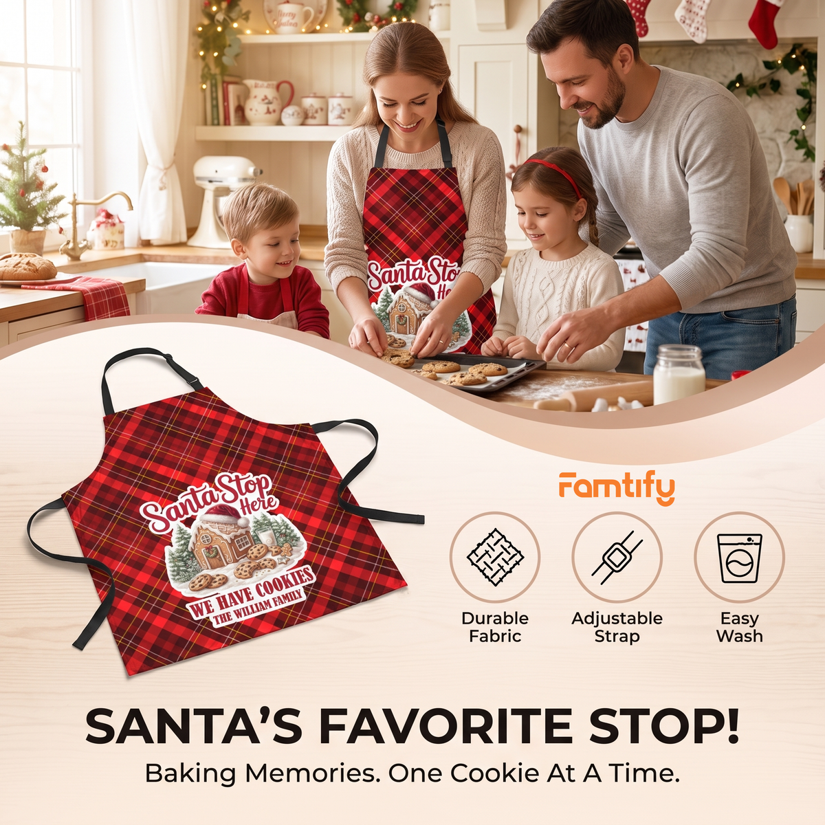 Santa's Favorite Stop banner with a family baking and a red plaid cookies apron with family name