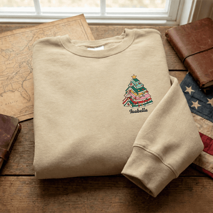 Personalized Christmas Tree Books Sweatshirt with Custom Name | Book Lover Holiday Crewneck