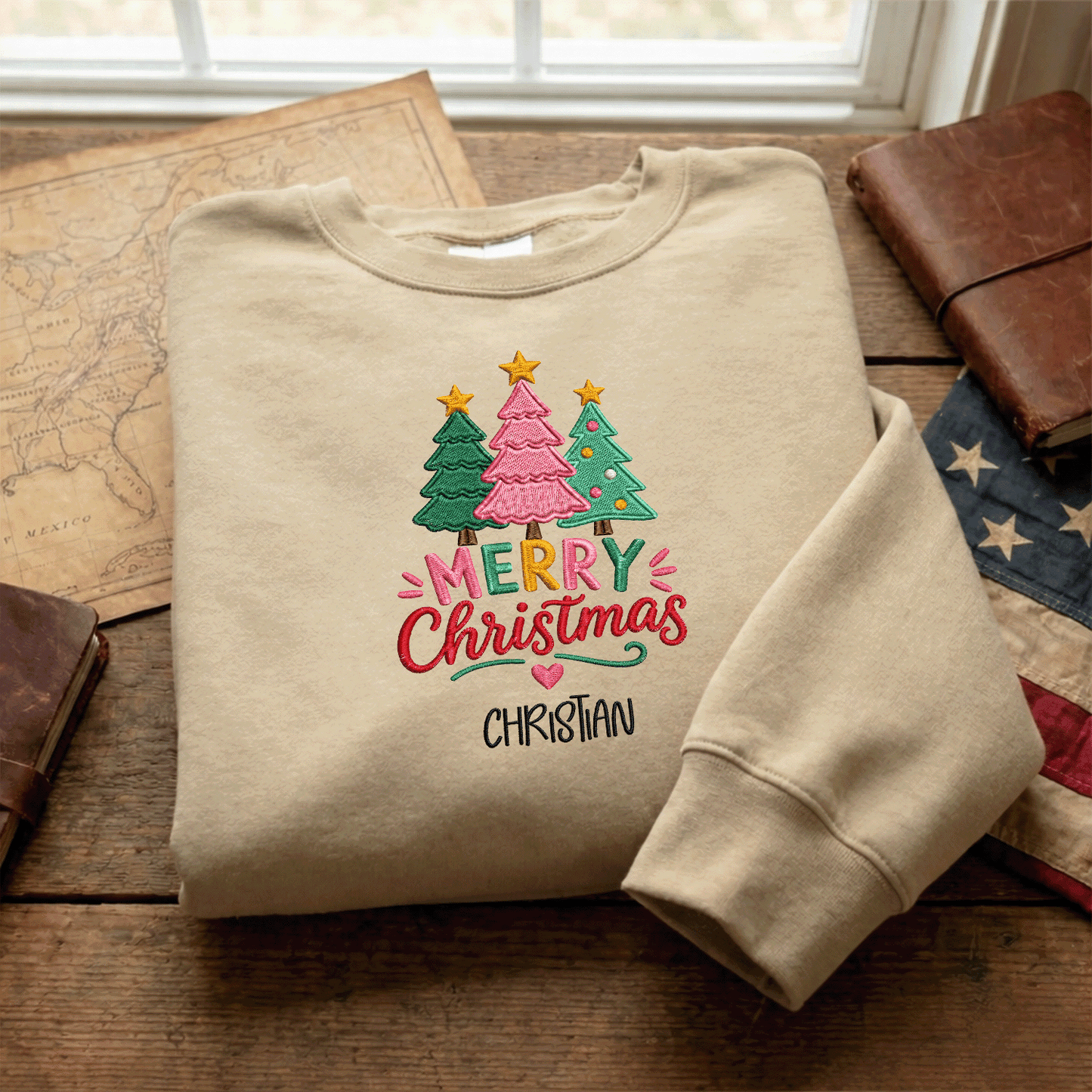 Personalized Embroidered Merry Christmas Trees Sweatshirt, Custom Name Holiday Pullover