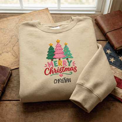 Personalized Embroidered Merry Christmas Trees Sweatshirt, Custom Name Holiday Pullover