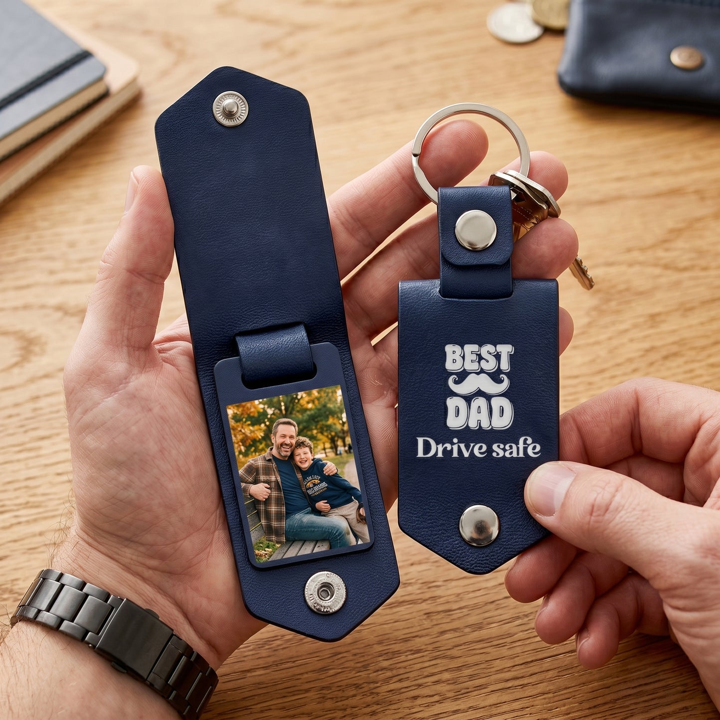 Personalized Leather Photo Keychain for Dad – Best Dad Drive Safe Father’s Day Gift