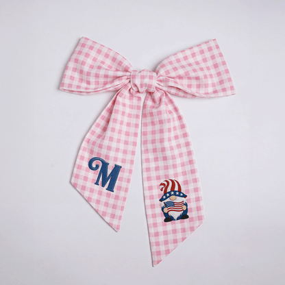 Custom Letter Patriotic Gnome American Flag Embroidered Linen Wreath Sash, Personalized Monogram 4th of July Bow Sash for Door Decor