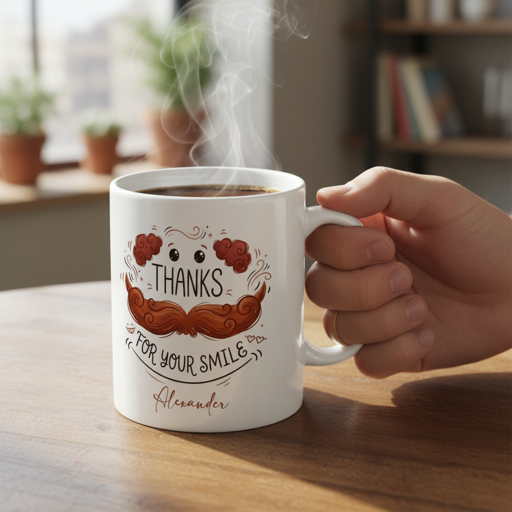 Custom Name Dad Mug – Thanks for Your Smile Funny Mustache Coffee Cup, Personalized Gift for Father