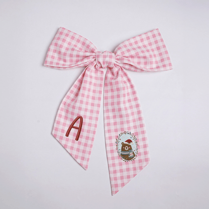 Personalized Monogram Christmas Bear Embroidered Linen Door Wreath Sash, Custom Initial Holiday Wreath Bow Sash Decor, Festive Front Door Home Accessories