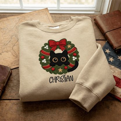 Personalized Embroidered Black Cat Christmas Wreath Sweatshirt with Custom Name