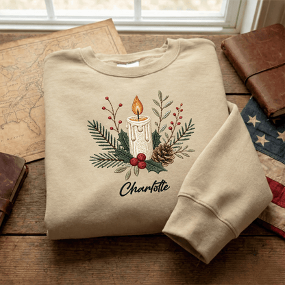 Personalized Embroidered Christmas Candle Sweatshirt with Custom Name