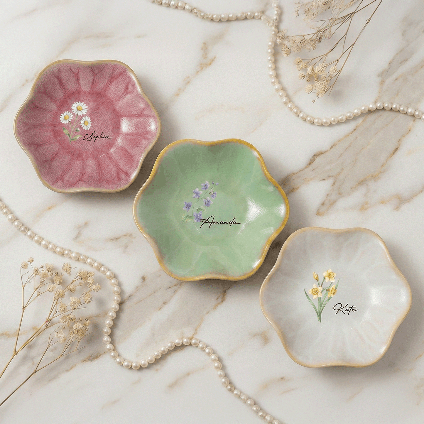 Personalized Birth Month Flower Jewelry Dish - Custom Name Trinket Dish, Mother’s Day Gift for Her