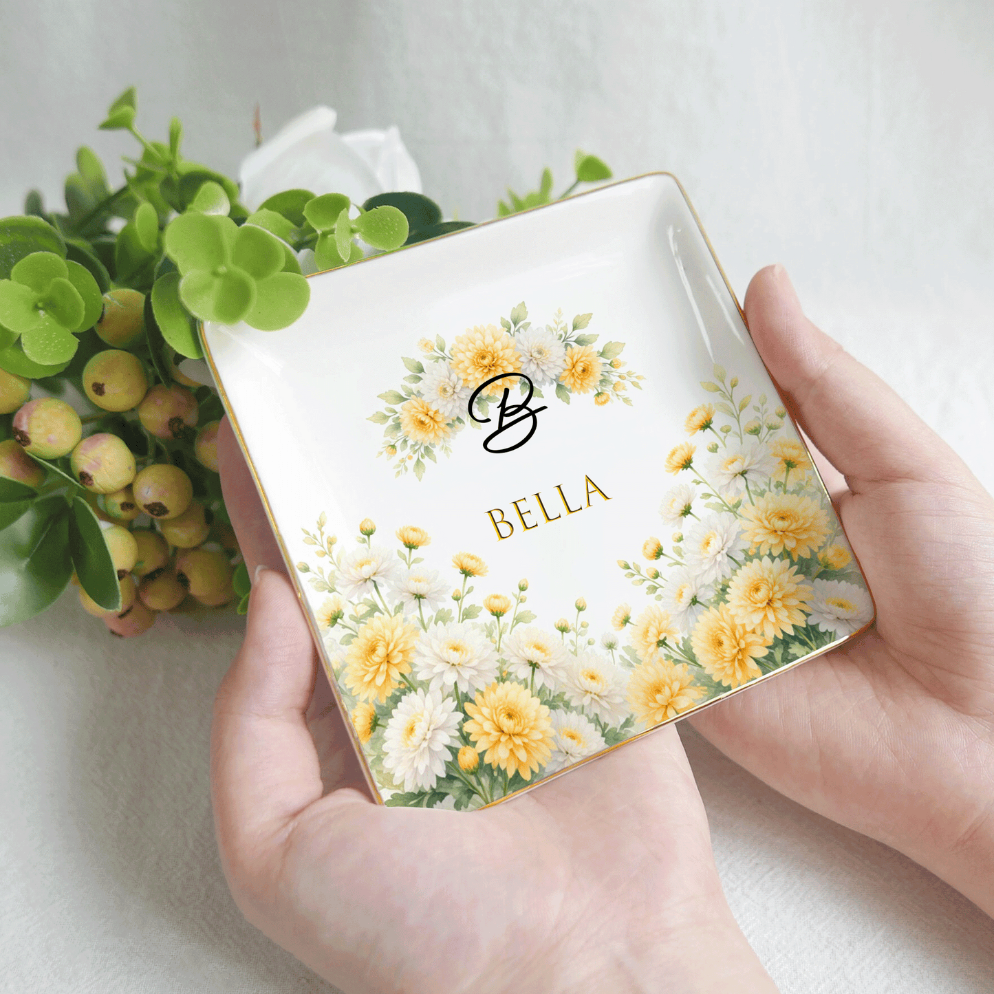 Personalized Birth Month Flower Ring Dish Custom Name Jewelry Trinket Dish