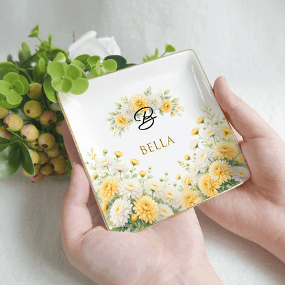 Personalized Birth Month Flower Ring Dish Custom Name Jewelry Trinket Dish