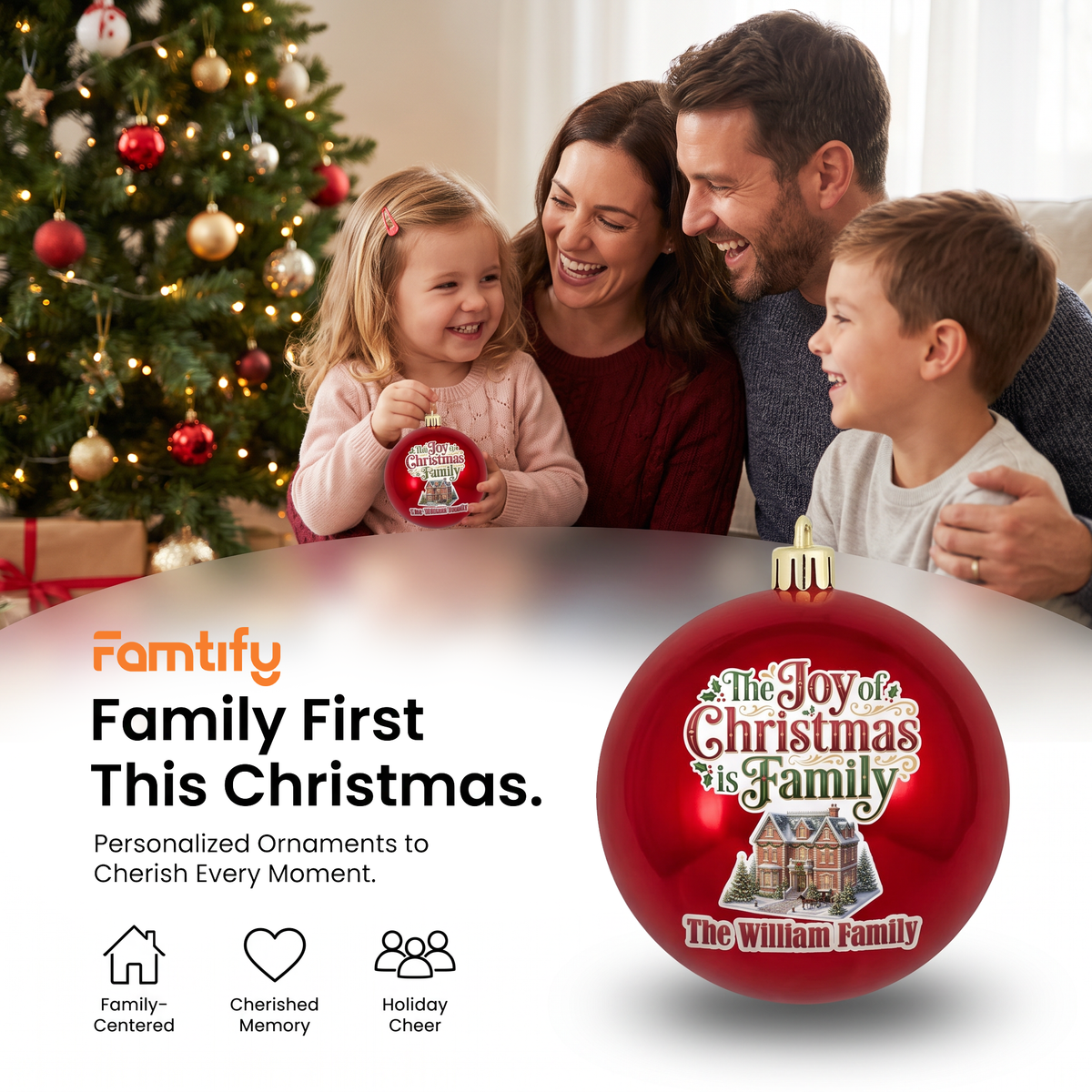 Personalized Family Name The Joy Of Christmas Is Family Red Ball Ornament, Custom Full Color Vintage Home Shatterproof Plastic Bauble