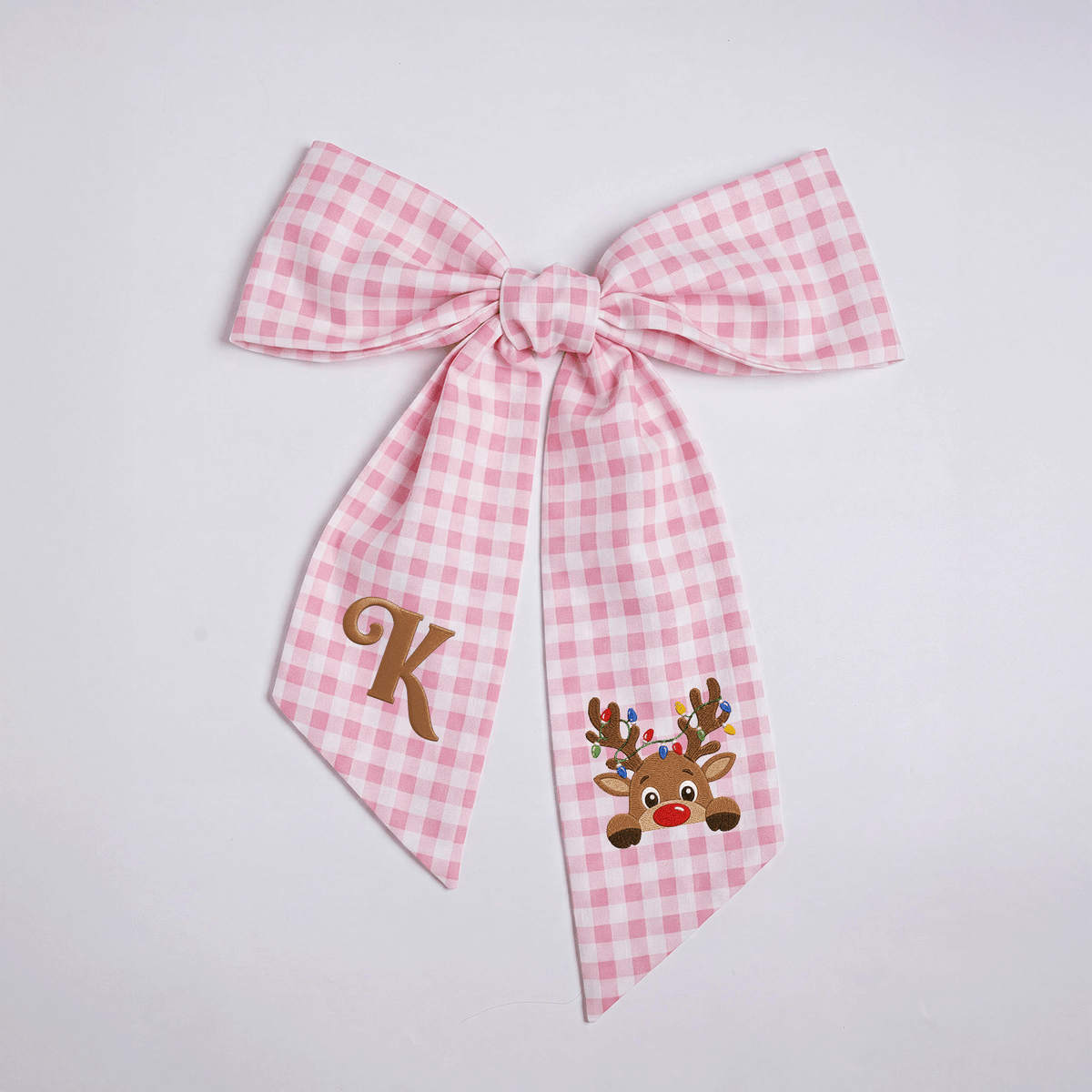 Custom Letter Reindeer Christmas Lights Embroidered Linen Wreath Sash, Personalized Monogram Holiday Bow Sash for Door Decor