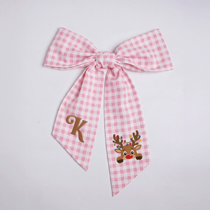 Custom Letter Reindeer Christmas Lights Embroidered Linen Wreath Sash, Personalized Monogram Holiday Bow Sash for Door Decor