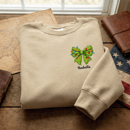 Personalized Christmas Bow Embroidered Sweatshirt, Custom Name Holiday Crewneck, Cute Christmas Sweatshirt Gift for Women, Kids & Family