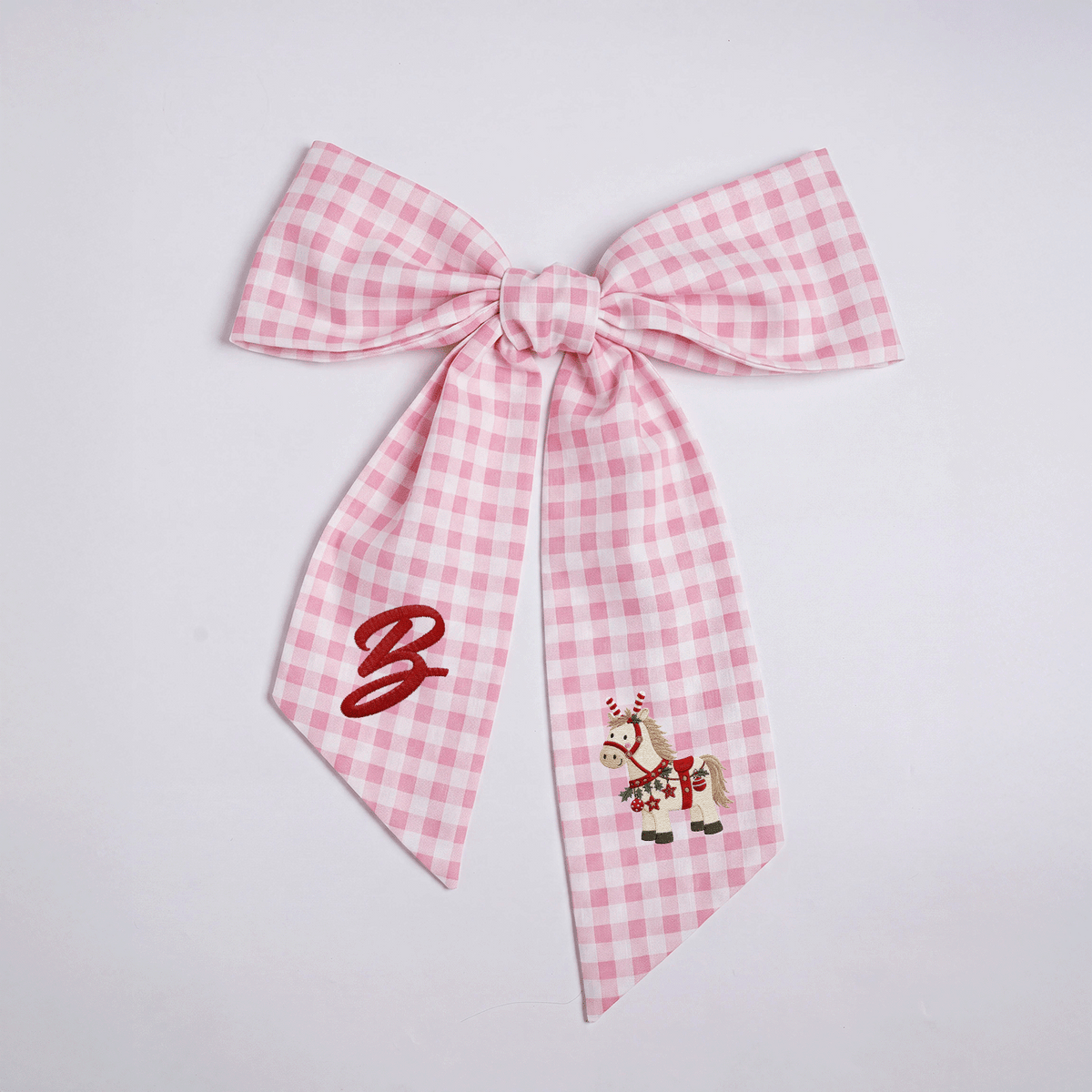 Custom Letter Christmas Rocking Horse Embroidered Linen Wreath Sash, Personalized Monogram Holiday Bow Sash for Door Decor