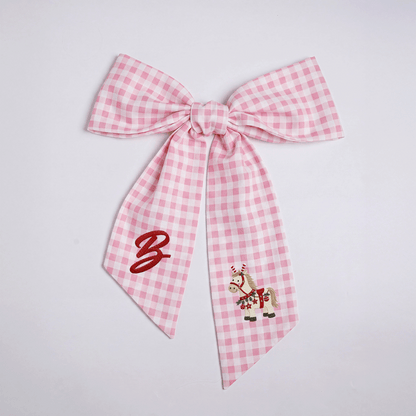Custom Letter Christmas Rocking Horse Embroidered Linen Wreath Sash, Personalized Monogram Holiday Bow Sash for Door Decor
