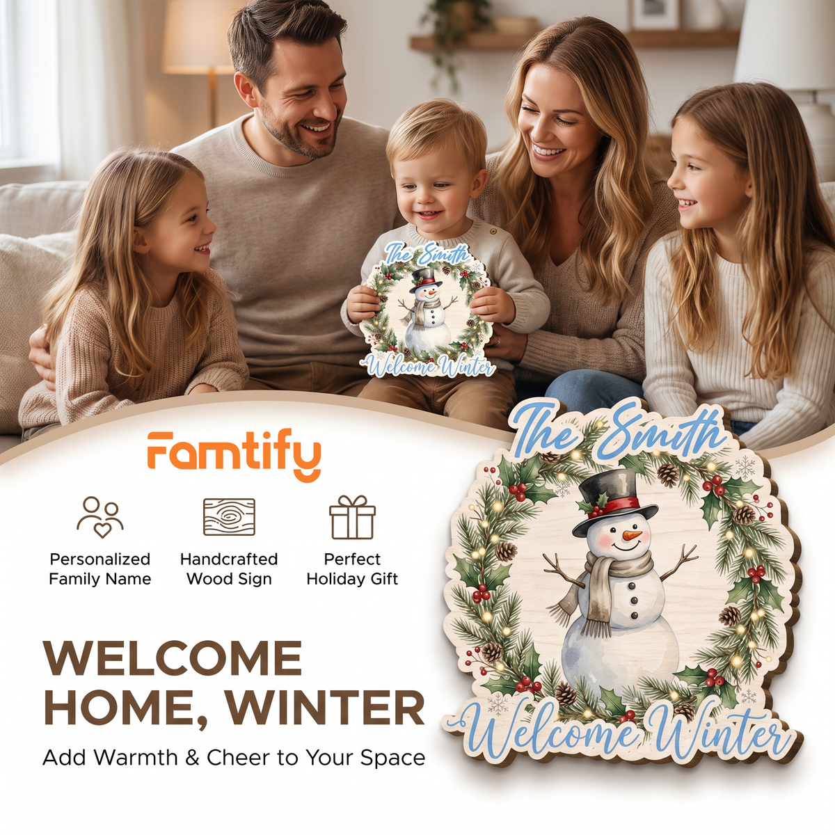 Personalized Snowman Wreath Custom Shape Wood Sign, Custom Family Name Welcome Winter Pine Wreath Wooden Hanging Plaque, Festive Holiday Door & Wall Decor Family Gift