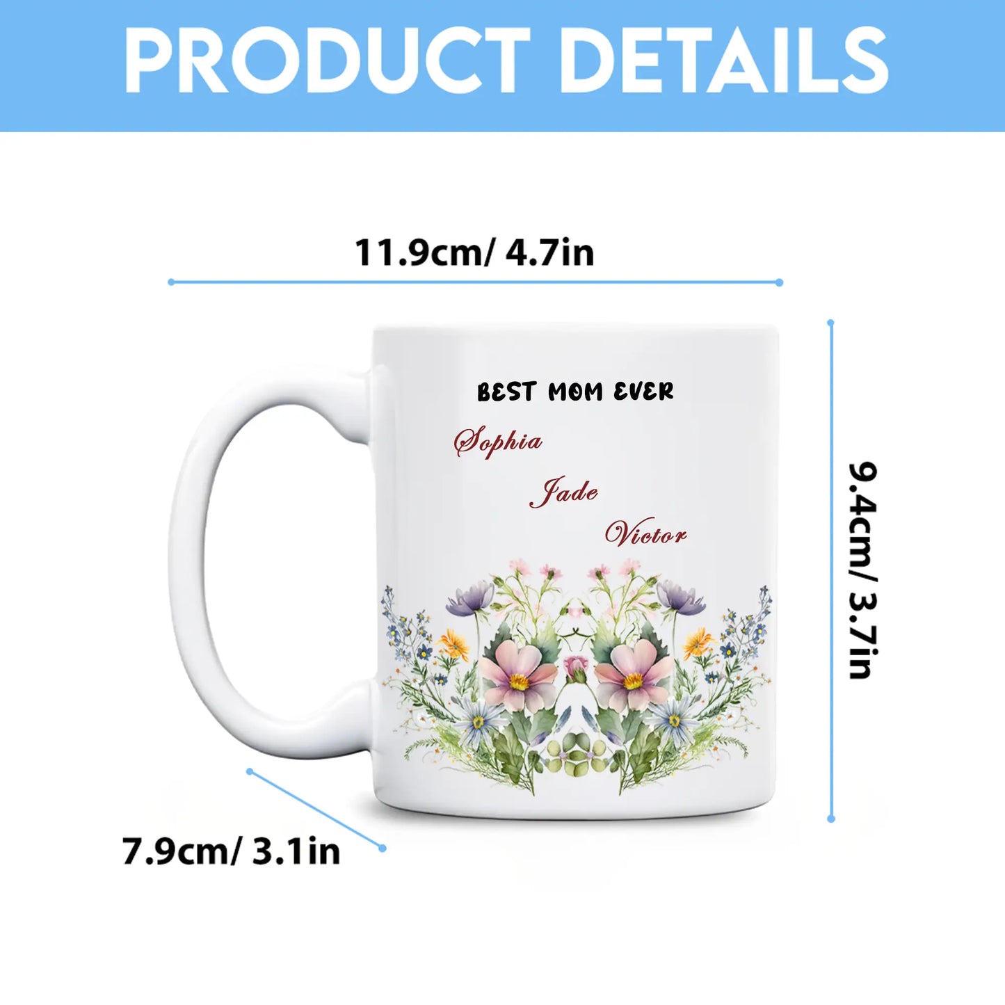 Personalized Mom Floral Mug with Kids Names – Custom Coffee Cup Mother’s Day Gift for Mom