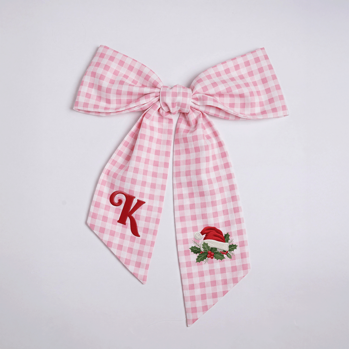 Custom Letter Christmas Santa Hat Embroidered Linen Wreath Sash, Personalized Sage Floral Monogram Bow for Front Door Decor