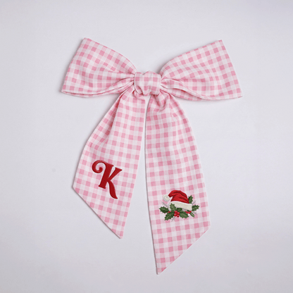 Custom Letter Christmas Santa Hat Embroidered Linen Wreath Sash, Personalized Sage Floral Monogram Bow for Front Door Decor