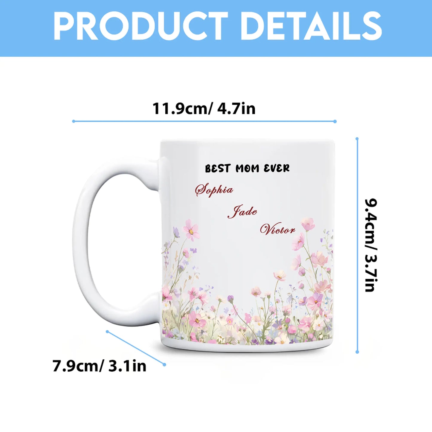 Personalized Mom Floral Mug with Kids Names – Custom Coffee Cup Mother’s Day Gift for Mom