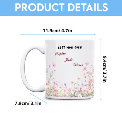 Personalized Mom Floral Mug with Kids Names – Custom Coffee Cup Mother’s Day Gift for Mom
