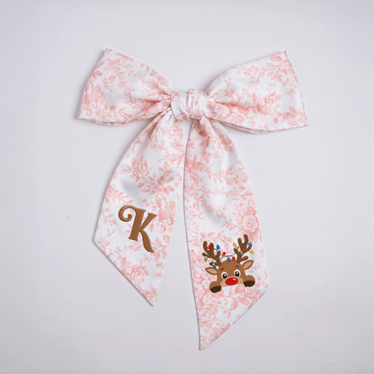 Custom Letter Reindeer Christmas Lights Embroidered Linen Wreath Sash, Personalized Monogram Holiday Bow Sash for Door Decor