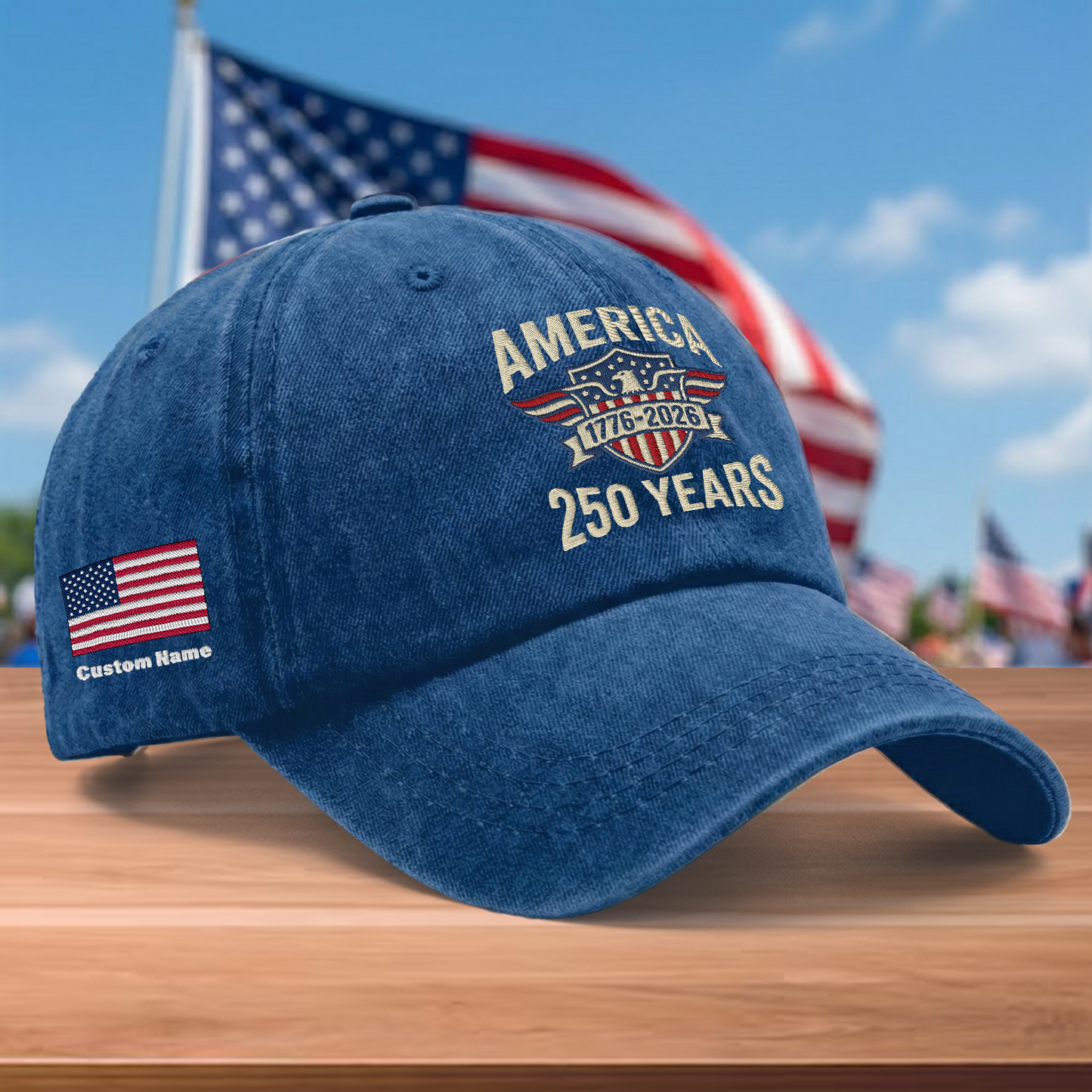 America 250th Anniversary 1776-2026 Embroidered Baseball Cap – Custom Name Patriotic USA Washed Denim Hat