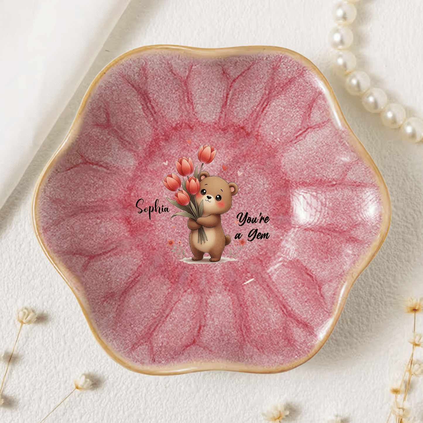 Custom Message Birth Flower Trinket Dish – Personalized Name Center Keepsake for Mom or Grandma