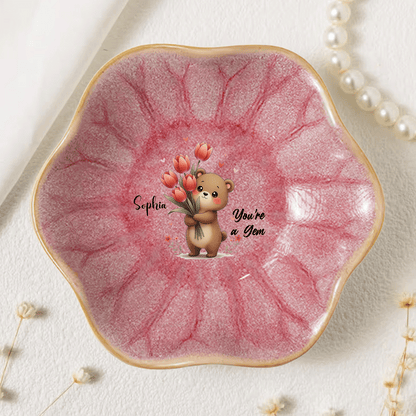 Custom Message Birth Flower Trinket Dish – Personalized Name Center Keepsake for Mom or Grandma