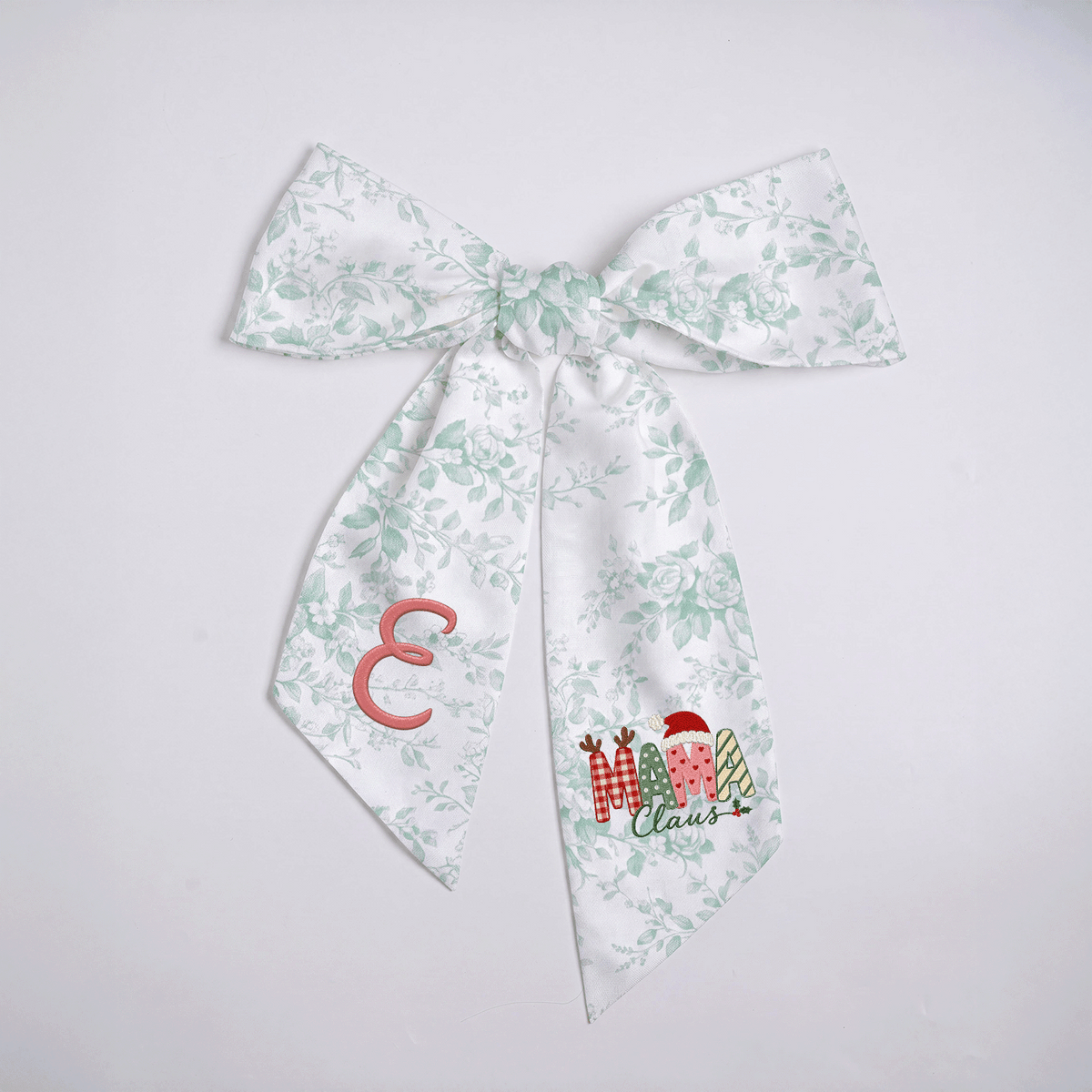 Custom Monogram Mama Claus Embroidered Linen Door Wreath Sash, Personalized Initial Santa Hat Reindeer Festive Typography Holiday Wreath Sash & Front Door Decor
