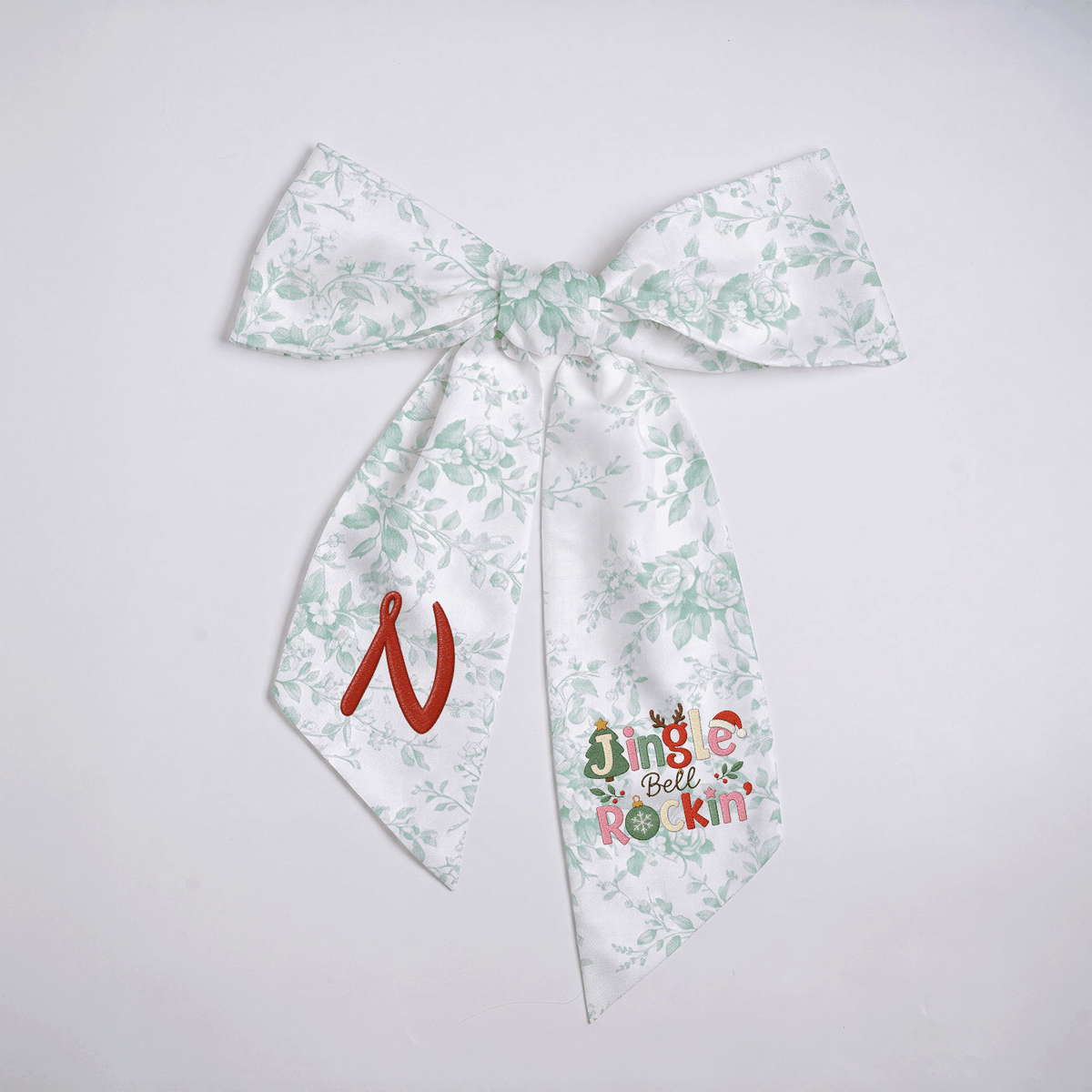 Custom Monogram Jingle Bell Rockin' Embroidered Linen Door Wreath Sash, Personalized Initial Festive Typography Reindeer Santa Hat Holiday Wreath Sash & Front Door Decor