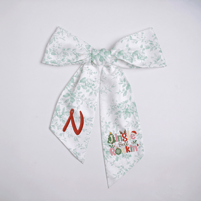 Custom Monogram Jingle Bell Rockin' Embroidered Linen Door Wreath Sash, Personalized Initial Festive Typography Reindeer Santa Hat Holiday Wreath Sash & Front Door Decor