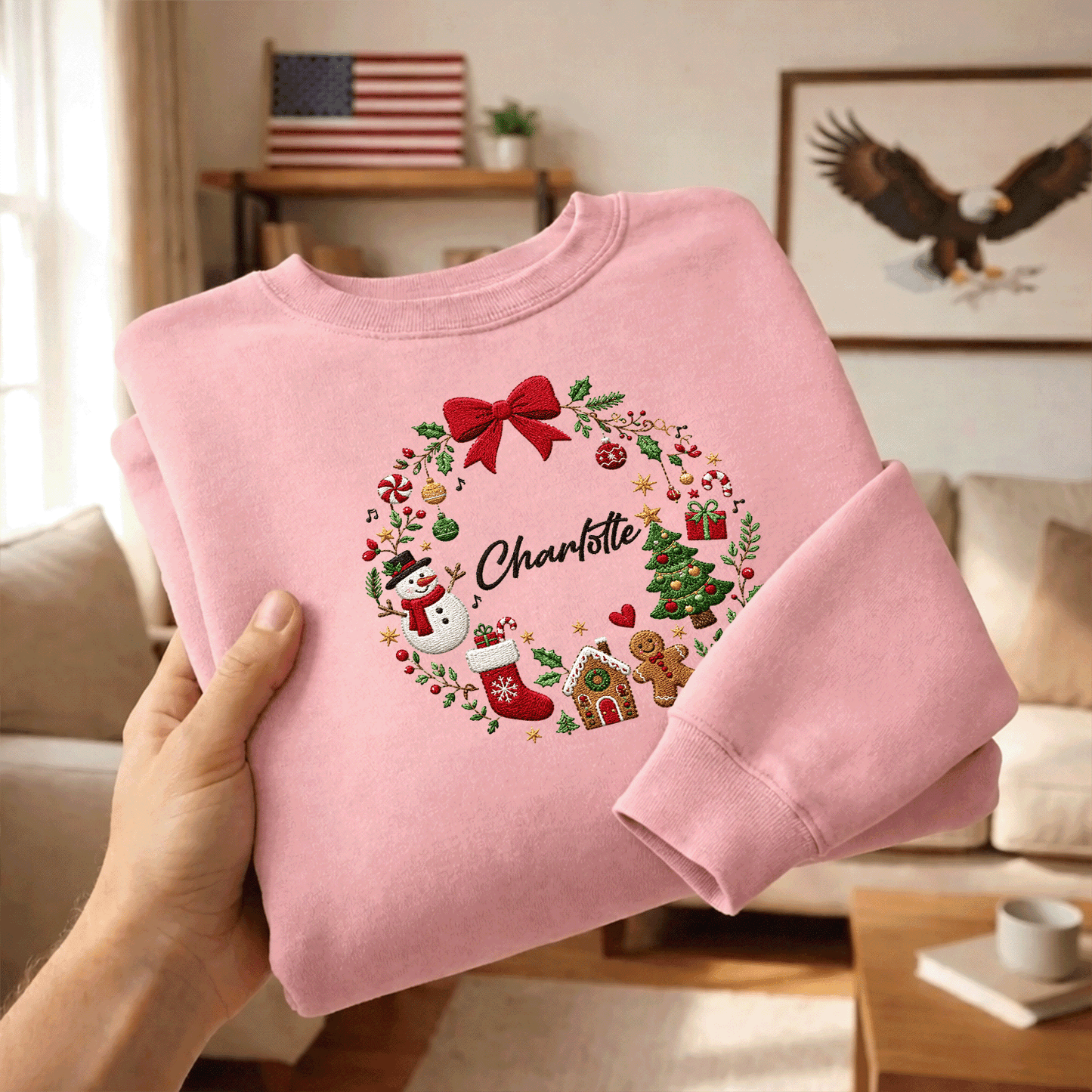 Personalized Embroidered Christmas Wreath Sweatshirt with Custom Name