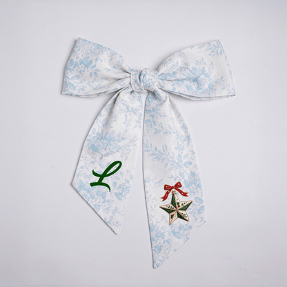 Custom Letter Christmas Star Embroidered Linen Wreath Sash, Personalized Monogram Holiday Bow Sash for Door Decor