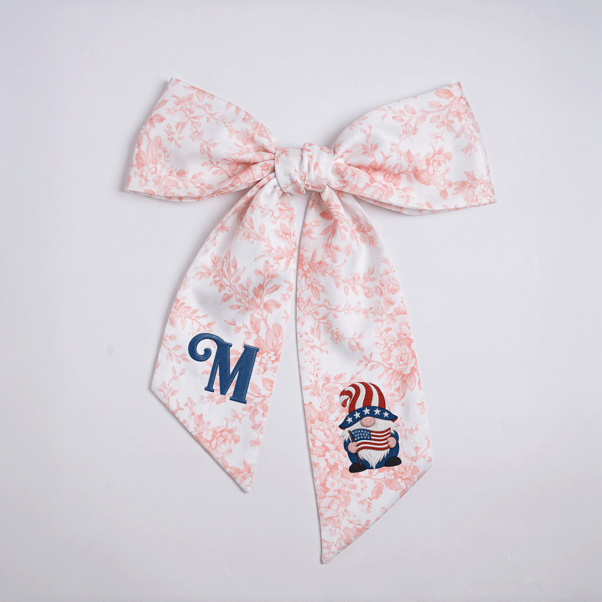 Custom Letter Patriotic Gnome American Flag Embroidered Linen Wreath Sash, Personalized Monogram 4th of July Bow Sash for Door Decor