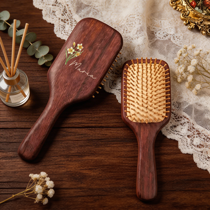 Personalized Wooden Hair Brush with Birth Flower and Name – “Bloom Where You're Planted” Gift for Her