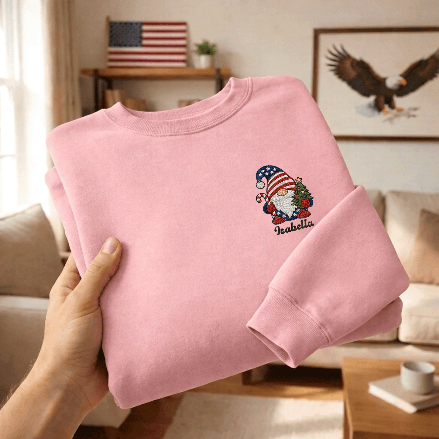Personalized Patriotic Christmas Gnome Embroidered Sweatshirt | Custom Name Holiday Crewneck Gift