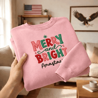 Personalized Embroidered Merry & Bright Holly Berries Sweatshirt with Custom Name