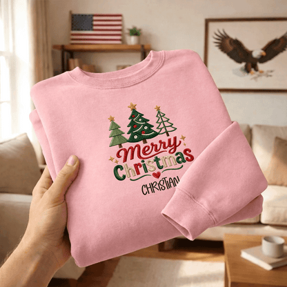 Personalized Embroidered Cute Three Christmas Trees Sweatshirt with Custom Name