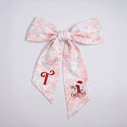 Custom Letter My 1st Christmas Embroidered Linen Wreath Sash, Personalized Monogram Holiday Bow Sash for Baby First Christmas Decor