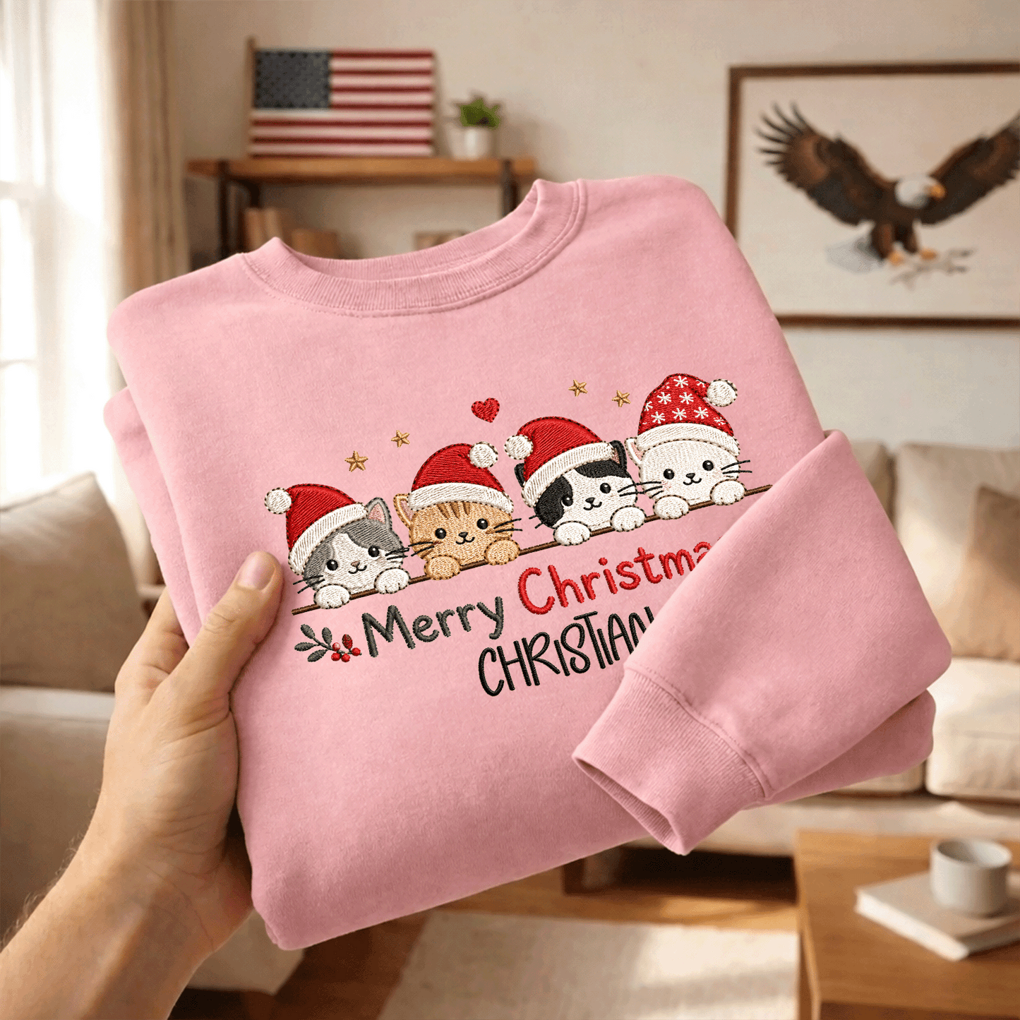 Personalized Embroidered Merry Christmas Cats Sweatshirt with Custom Name