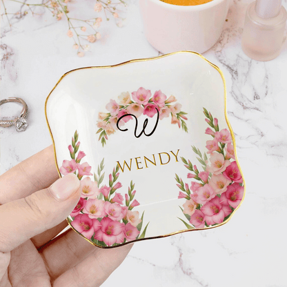 Personalized Birth Month Flower Ring Dish Custom Name Jewelry Trinket Dish