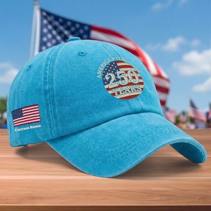 America 250 Years 1776-2026 Embroidered Washed Denim Baseball Cap – Custom Name Patriotic USA Anniversary Hat