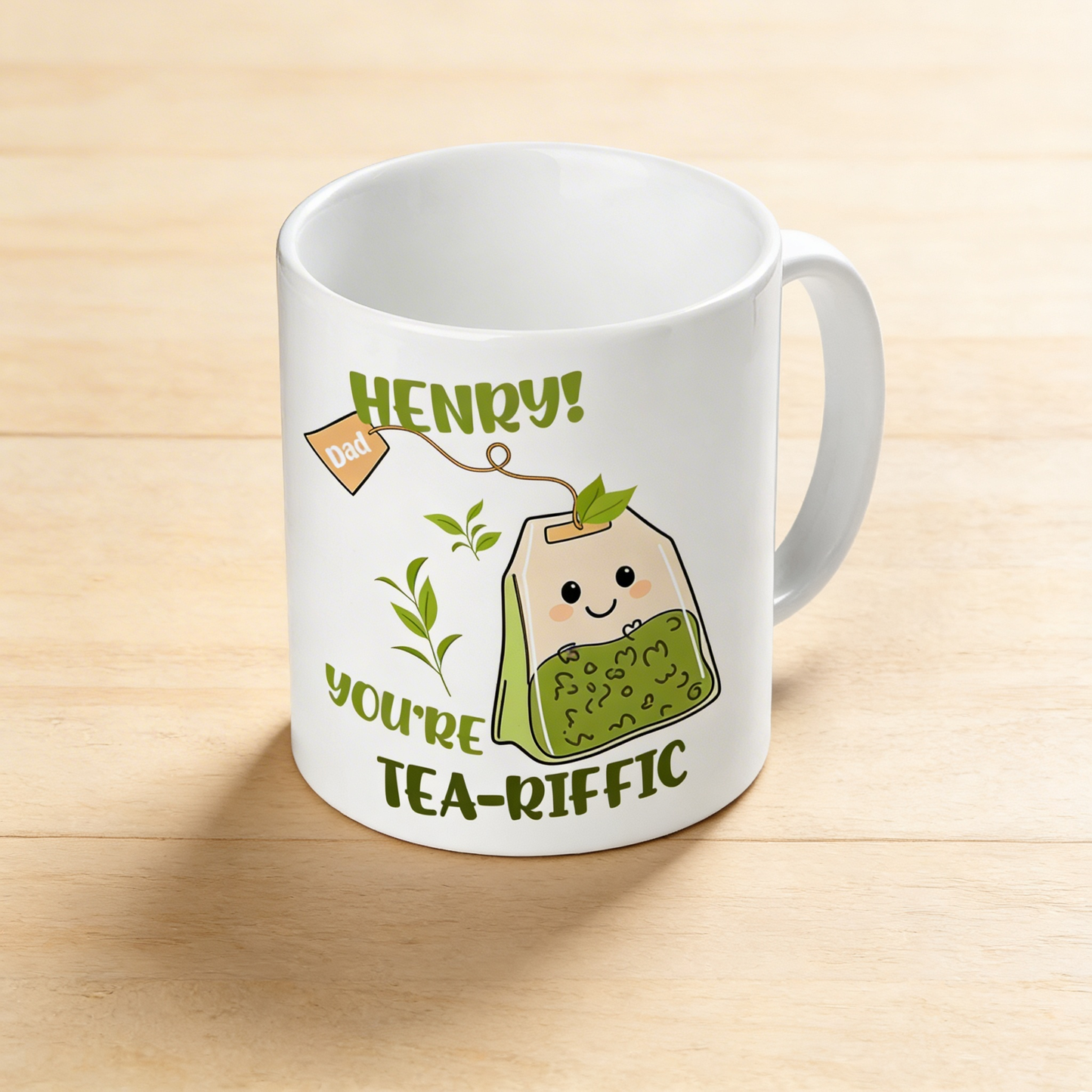 Personalized Tea-riffic Mug for Dad – Custom Name Ceramic Mug, Funny Gift for Father, Birthday Gift Idea