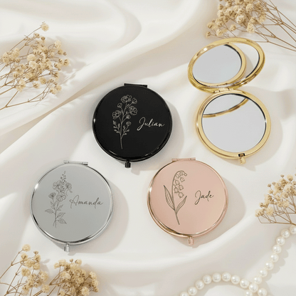 Personalized Birth Flower Engraved Compact Mirror – Meaningful Gift for Her | Valentine’s Day, Mother’s Day, Birthday Keepsake